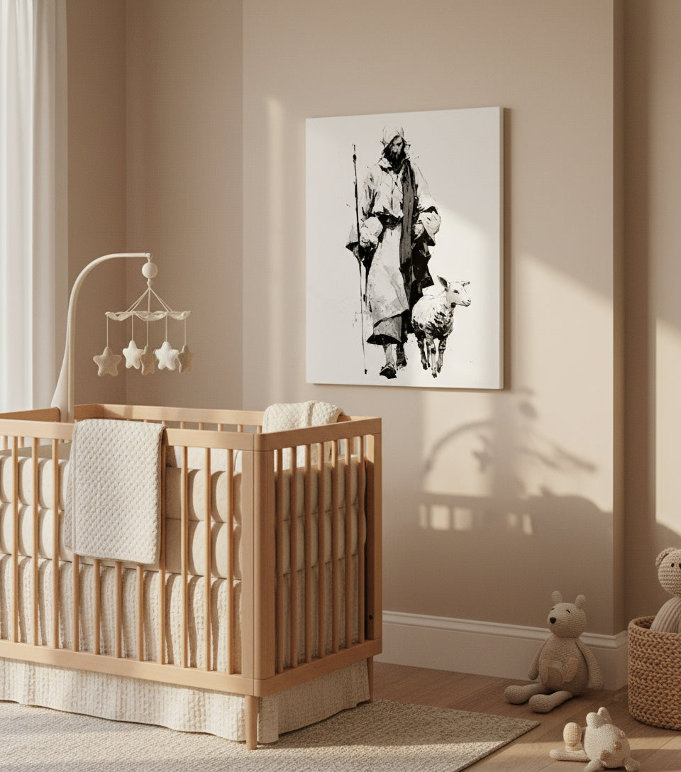 Jesus in White Robe with Staff and Lamb – Yoji Shinkawa Inspired Art