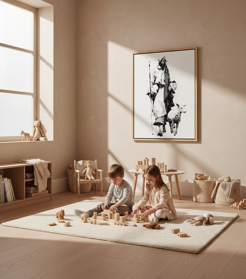 Jesus in White Robe with Staff and Lamb – Yoji Shinkawa Inspired Art