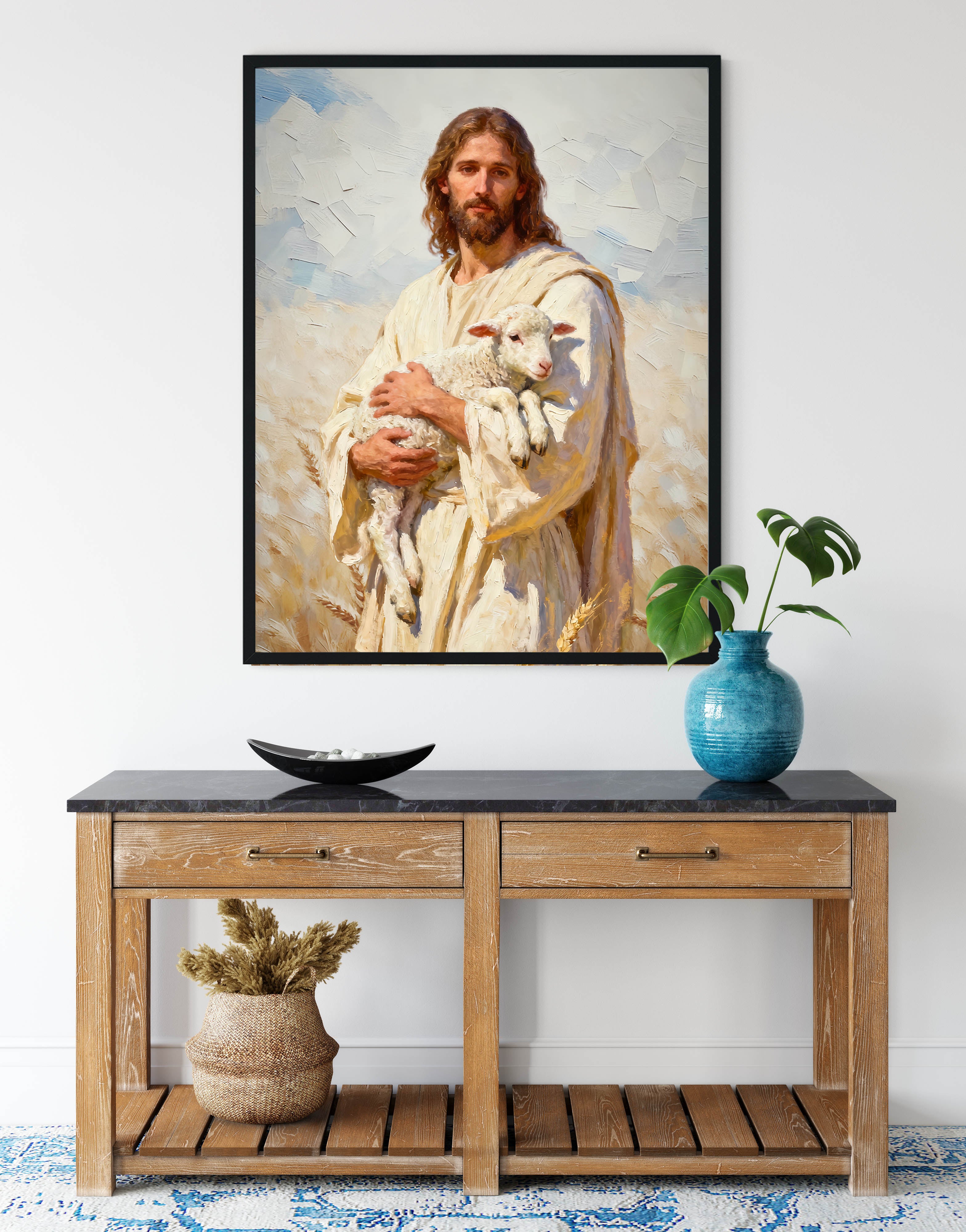 Jesus holding the lamb in the wheat field｜Faith Canvas
