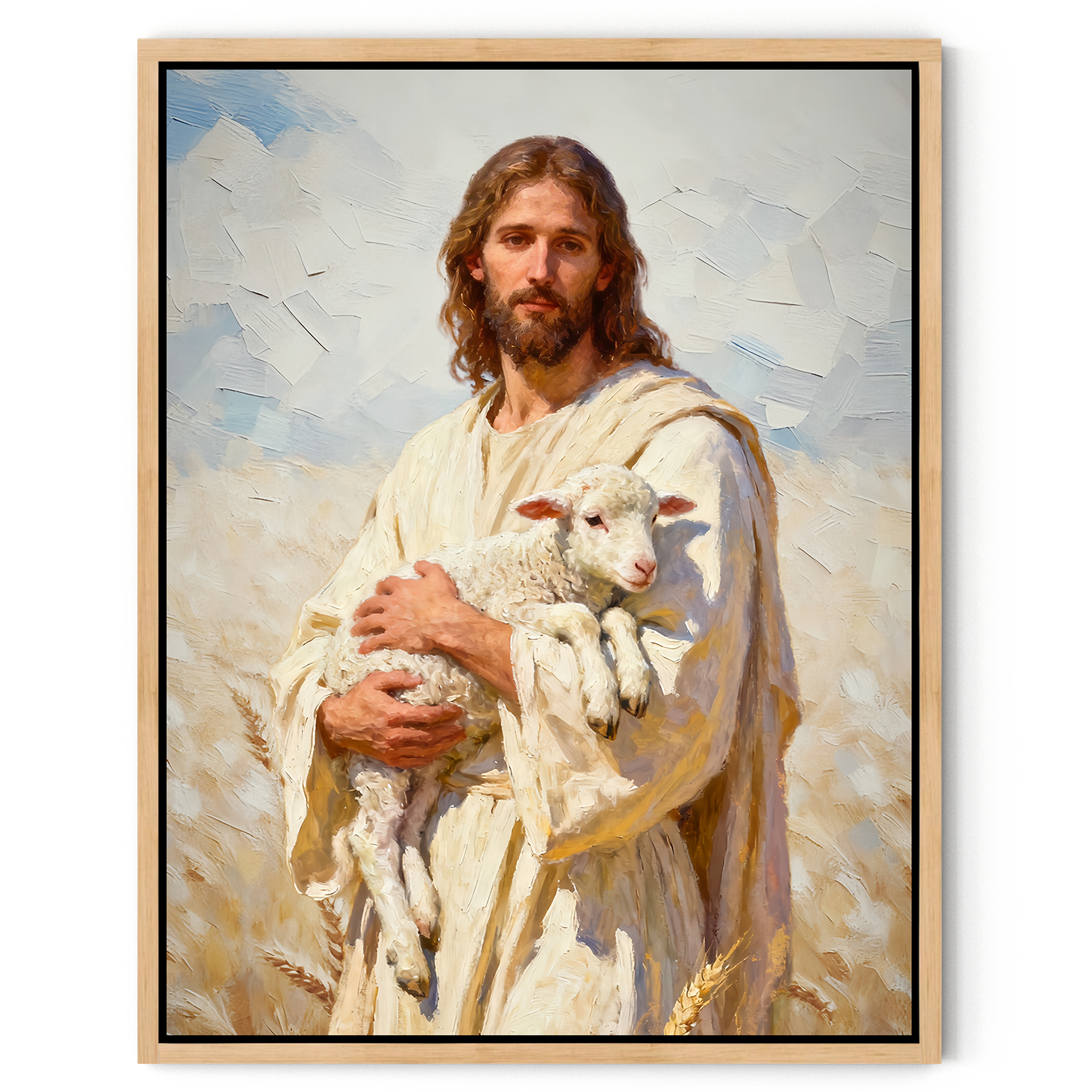Jesus holding the lamb in the wheat field｜Faith Canvas