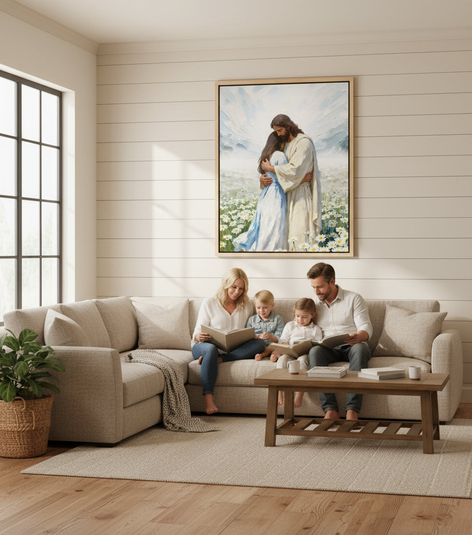 Jesus gently embraces a Girl in Flower Comfort and Healing | Jesus Canvas