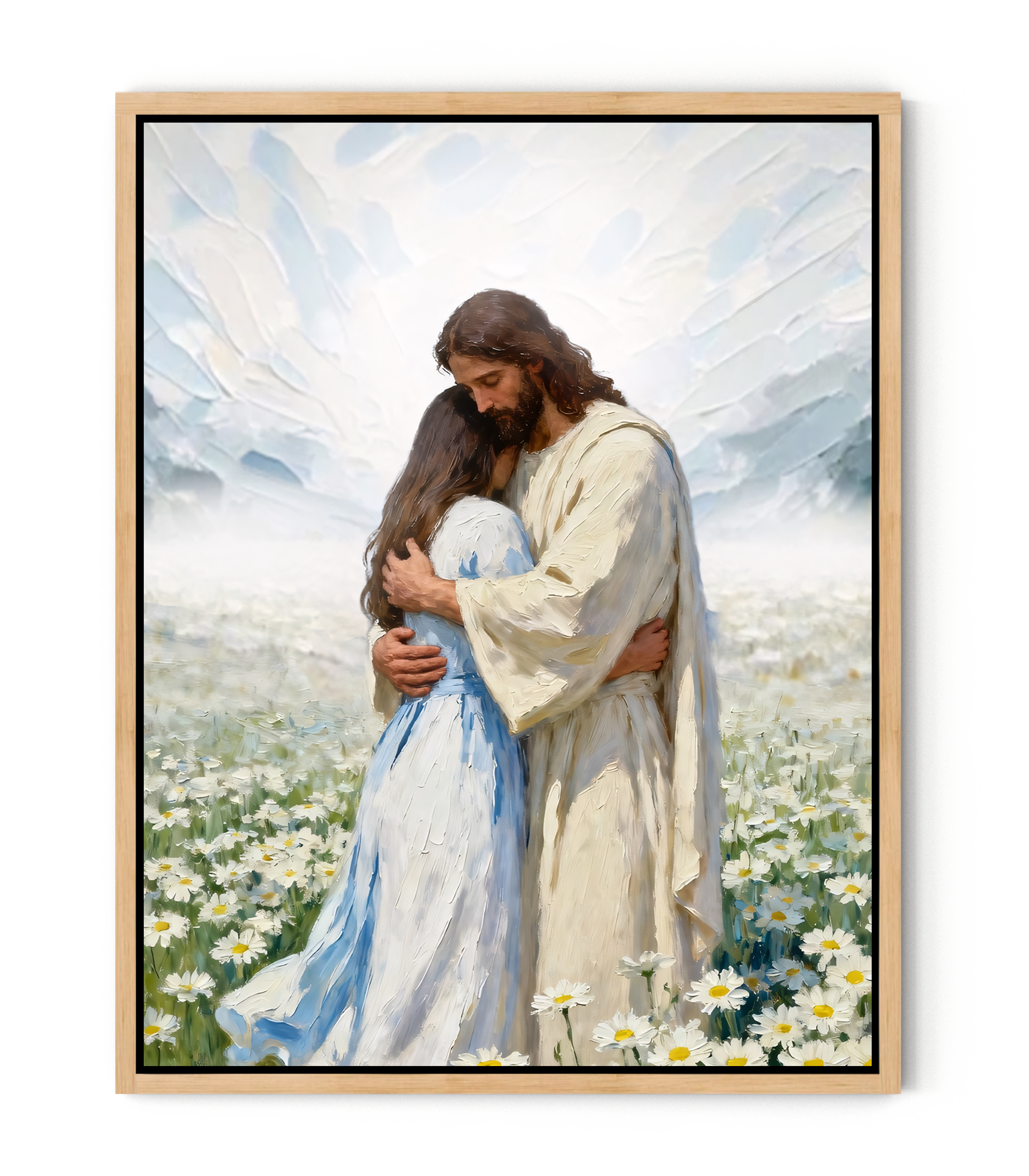 Jesus gently embraces a Girl in Flower Comfort and Healing | Jesus Canvas