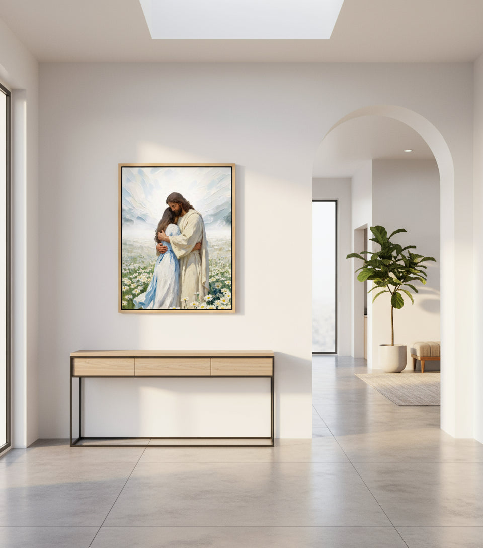 Jesus gently embraces a Girl in Flower Comfort and Healing | Jesus Canvas