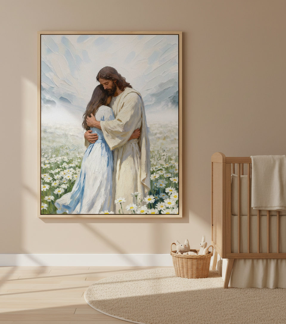 Jesus gently embraces a Girl in Flower Comfort and Healing | Jesus Canvas