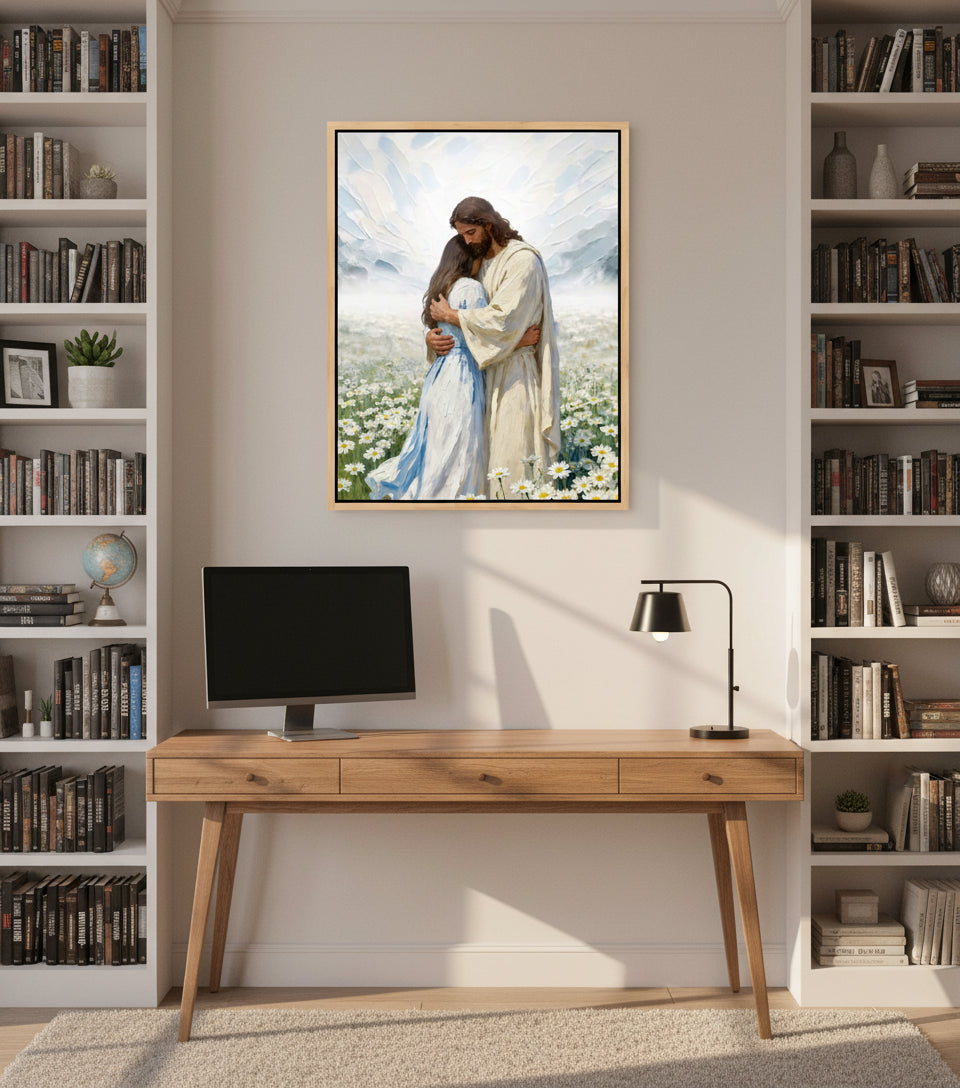 Jesus gently embraces a Girl in Flower Comfort and Healing | Jesus Canvas