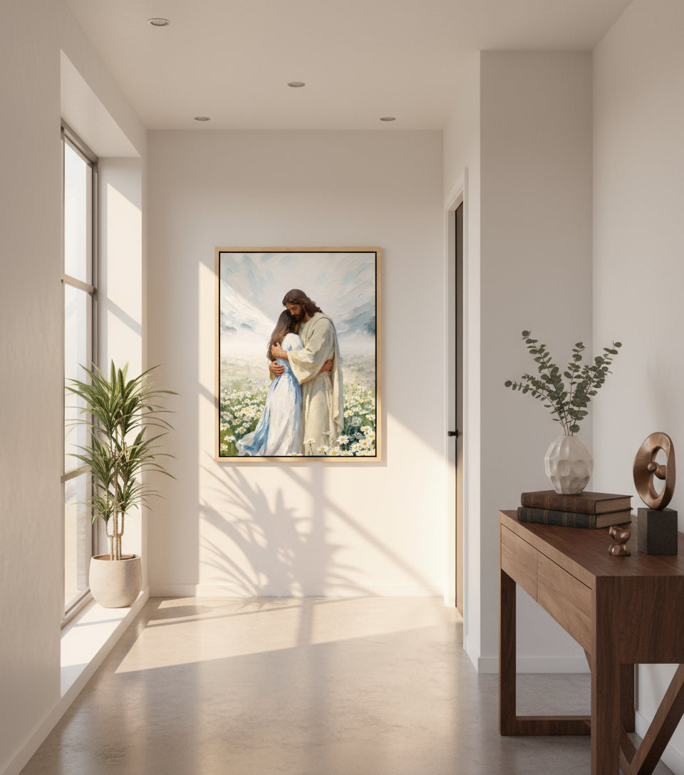 Jesus gently embraces a Girl in Flower Comfort and Healing | Jesus Canvas