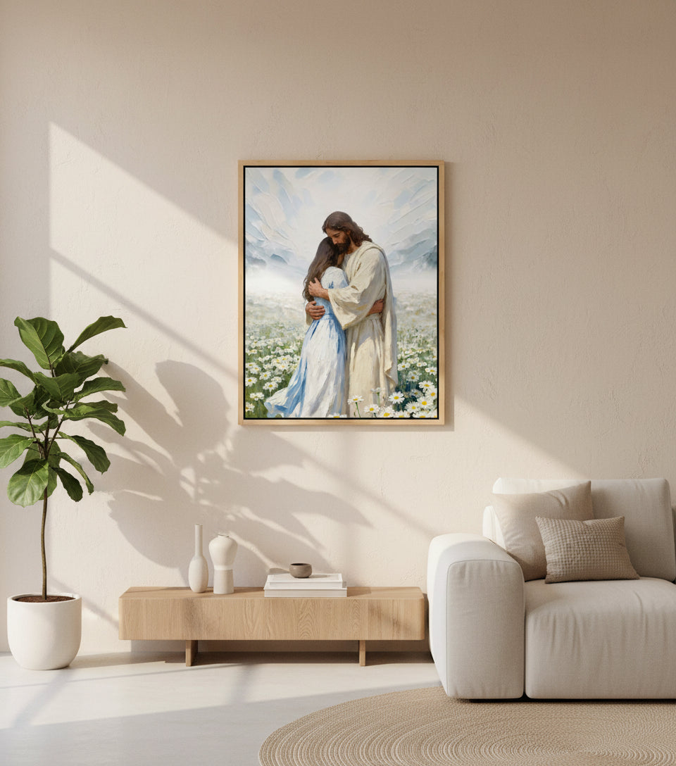 Jesus gently embraces a Girl in Flower Comfort and Healing | Jesus Canvas