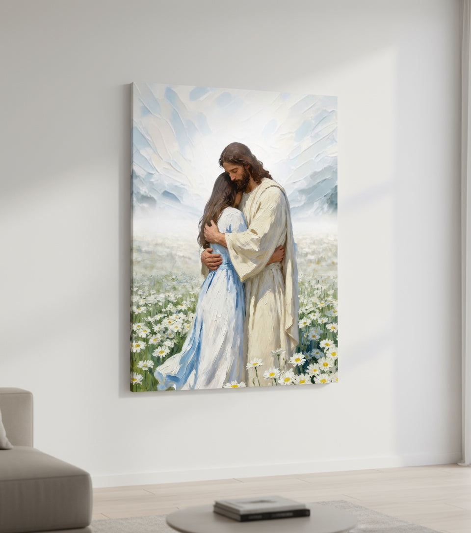 Jesus gently embraces a Girl in Flower Comfort and Healing | Jesus Canvas