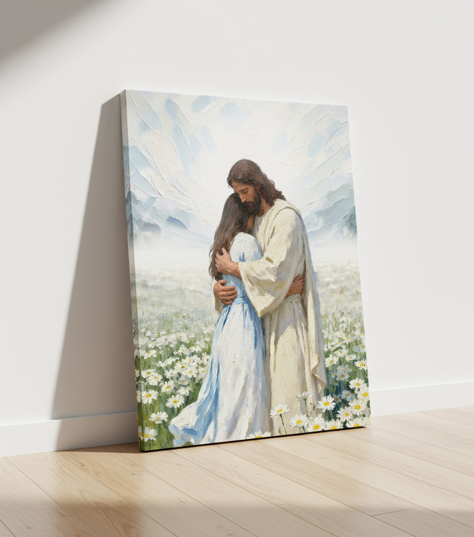 Jesus gently embraces a Girl in Flower Comfort and Healing | Jesus Canvas