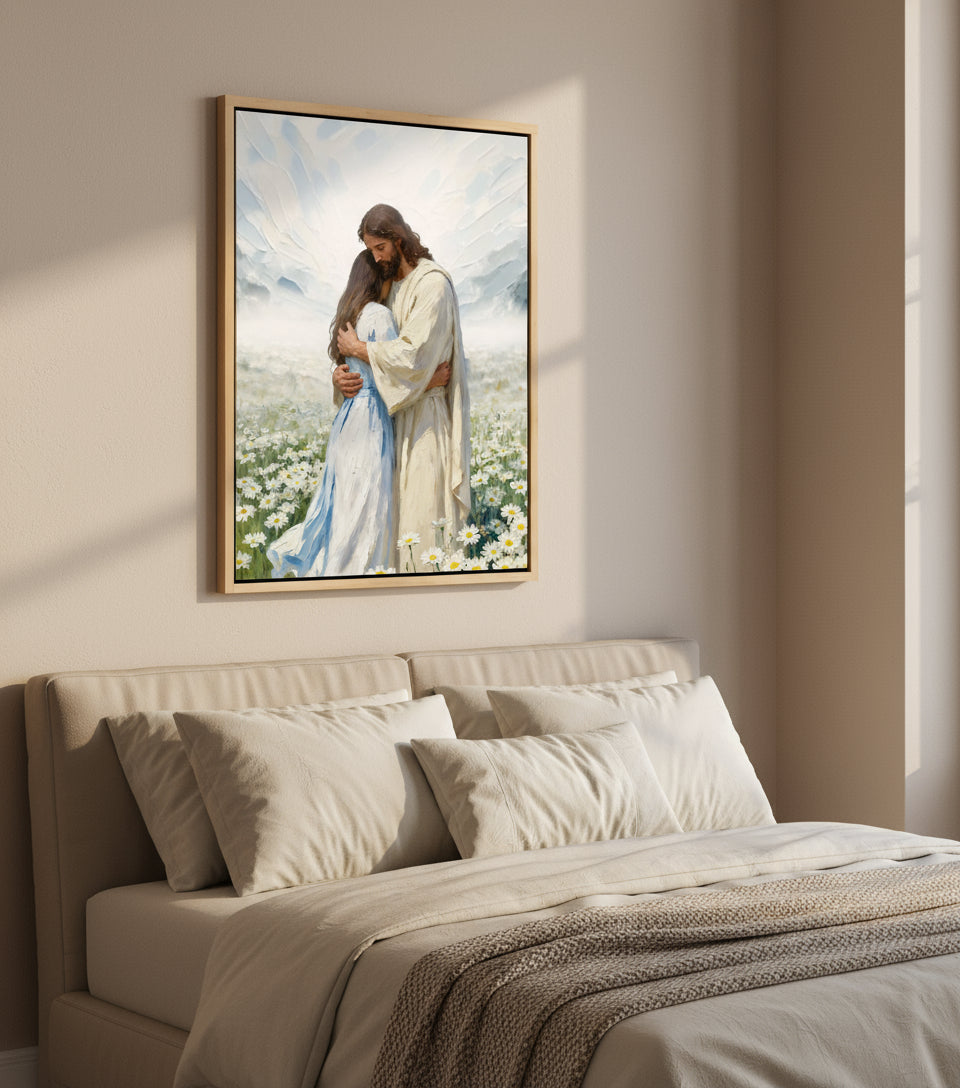 Jesus gently embraces a Girl in Flower Comfort and Healing | Jesus Canvas