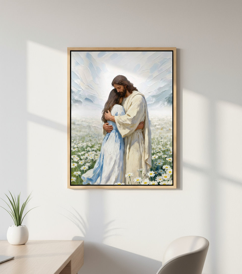 Jesus gently embraces a Girl in Flower Comfort and Healing | Jesus Canvas