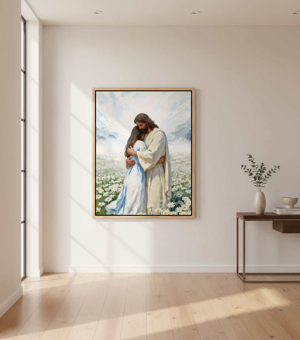 Jesus gently embraces a Girl in Flower Comfort and Healing | Jesus Canvas