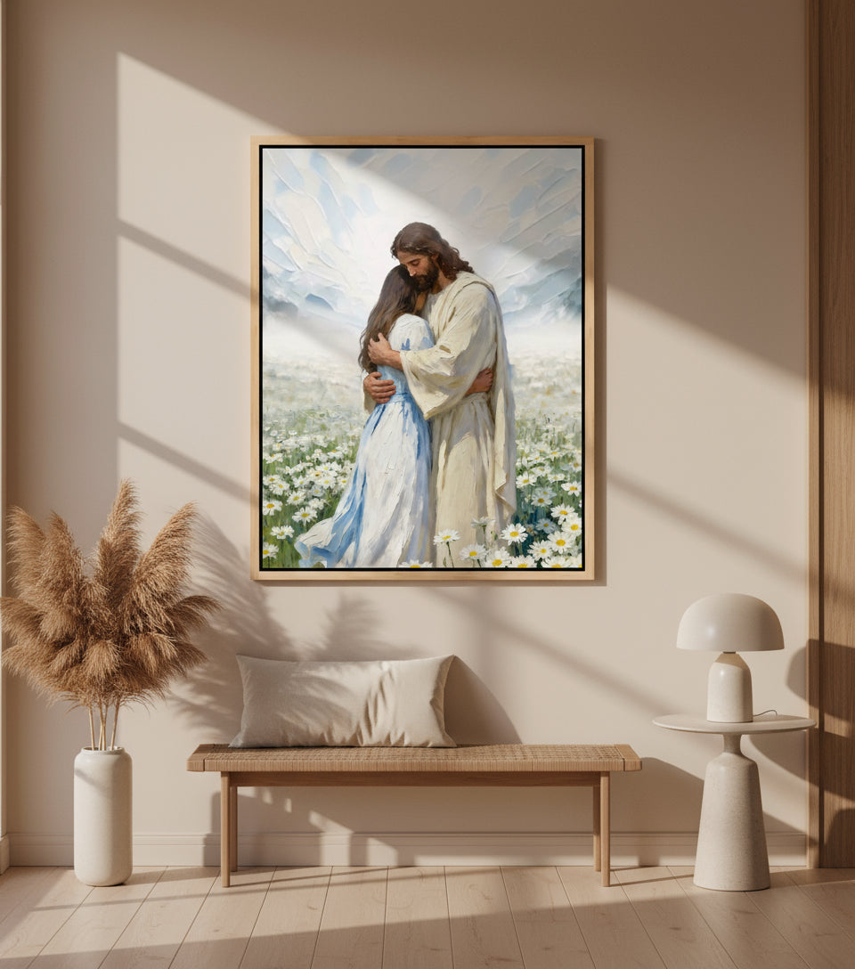 Jesus gently embraces a Girl in Flower Comfort and Healing | Jesus Canvas