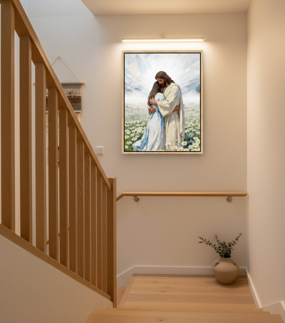 Jesus gently embraces a Girl in Flower Comfort and Healing | Jesus Canvas
