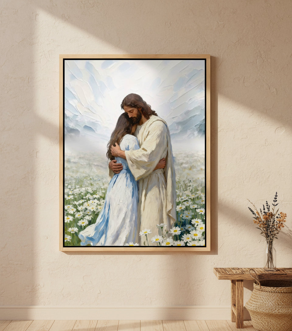 Jesus gently embraces a Girl in Flower Comfort and Healing | Jesus Canvas