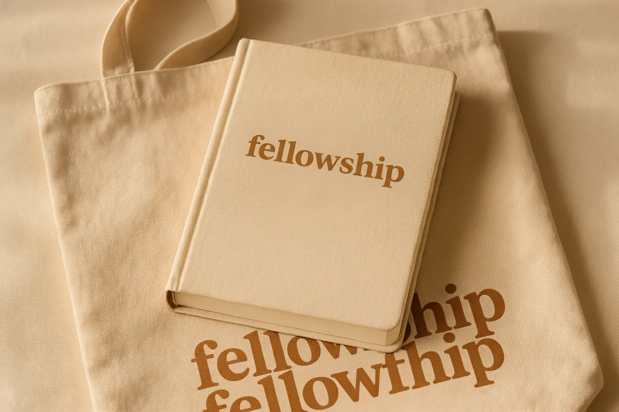 硬壳本子放在 帆布包上 上边都标有 Jesus love you 的 标志，整体画面光线柔和