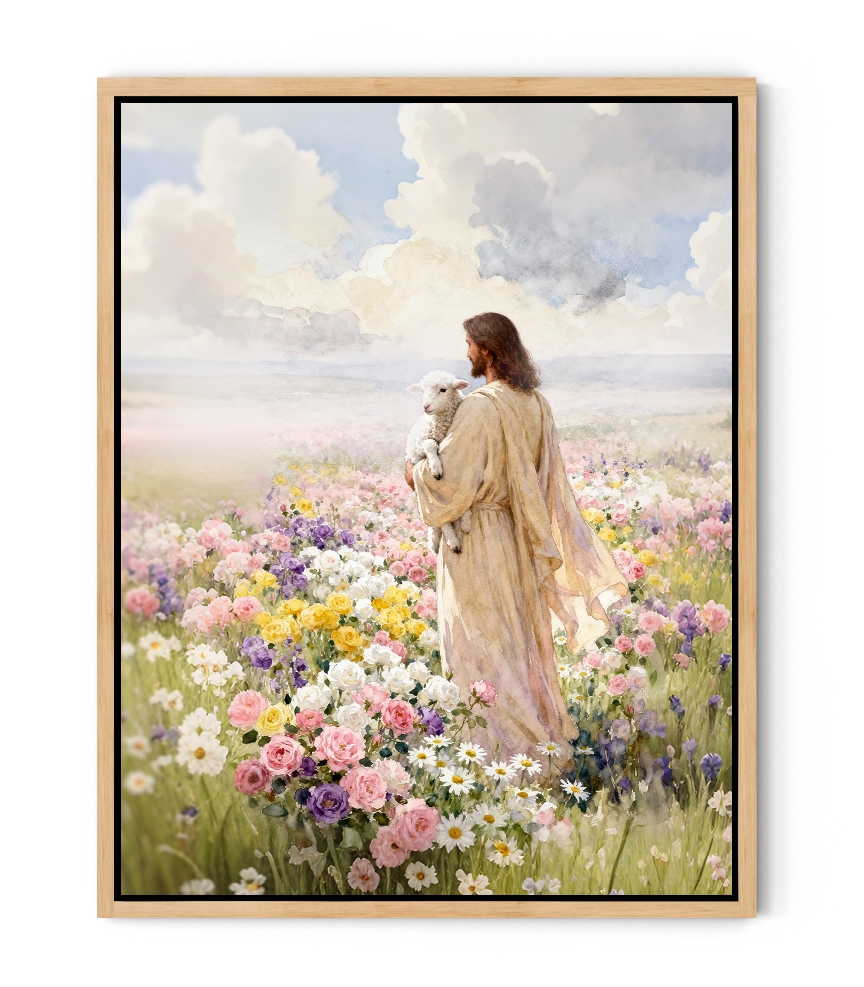 Jesus holding the lamb sand at sea of blooming flowers | Jesus Canvas