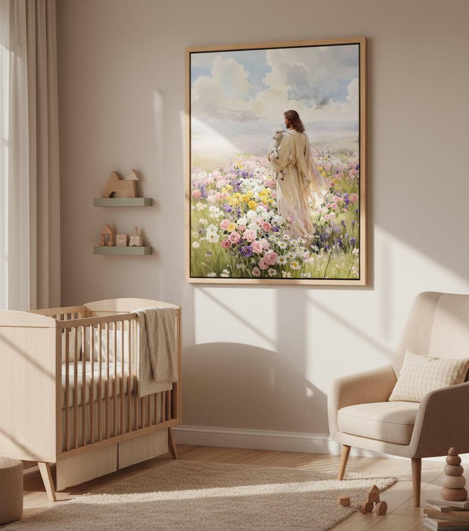 Jesus holding the lamb sand at sea of blooming flowers | Jesus Canvas