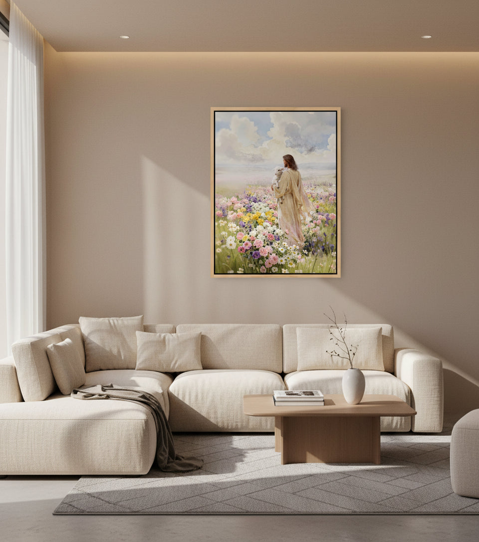 Jesus holding the lamb sand at sea of blooming flowers | Jesus Canvas