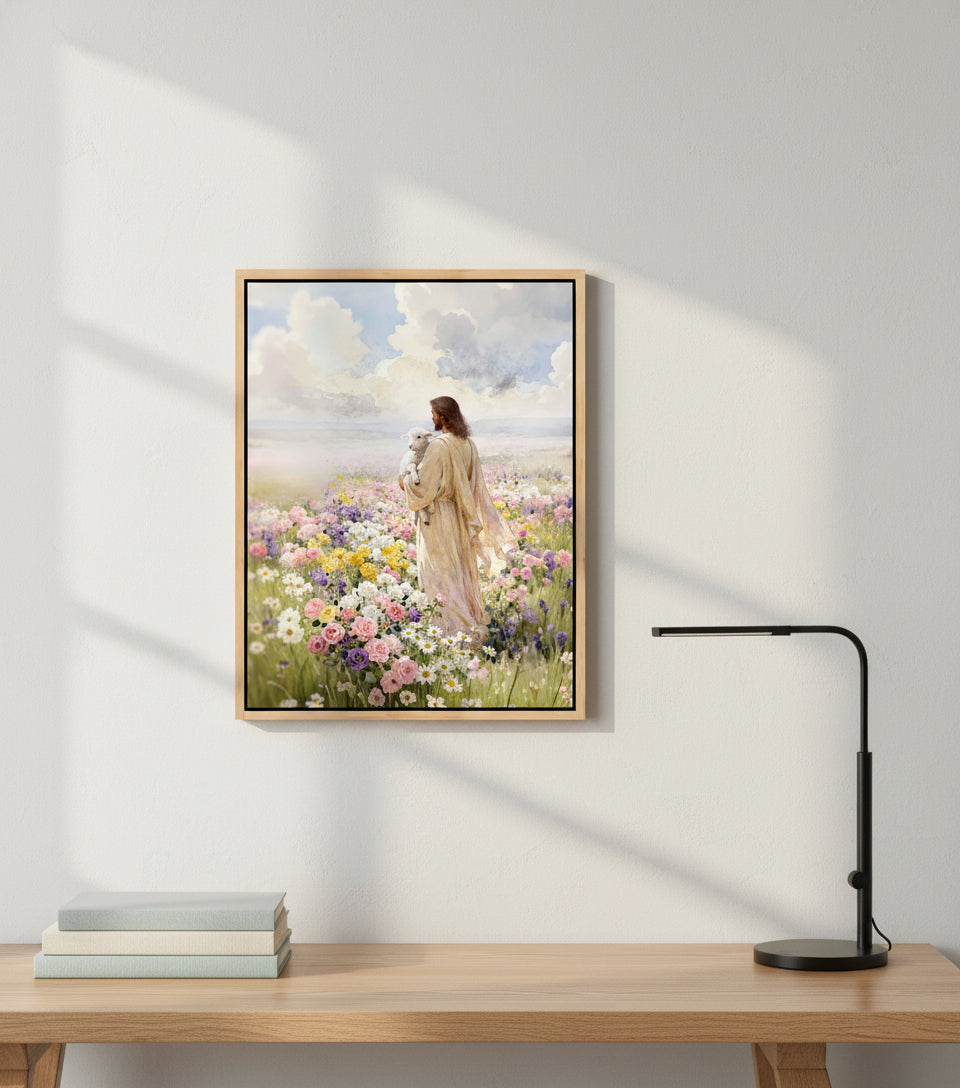 Jesus holding the lamb sand at sea of blooming flowers | Jesus Canvas