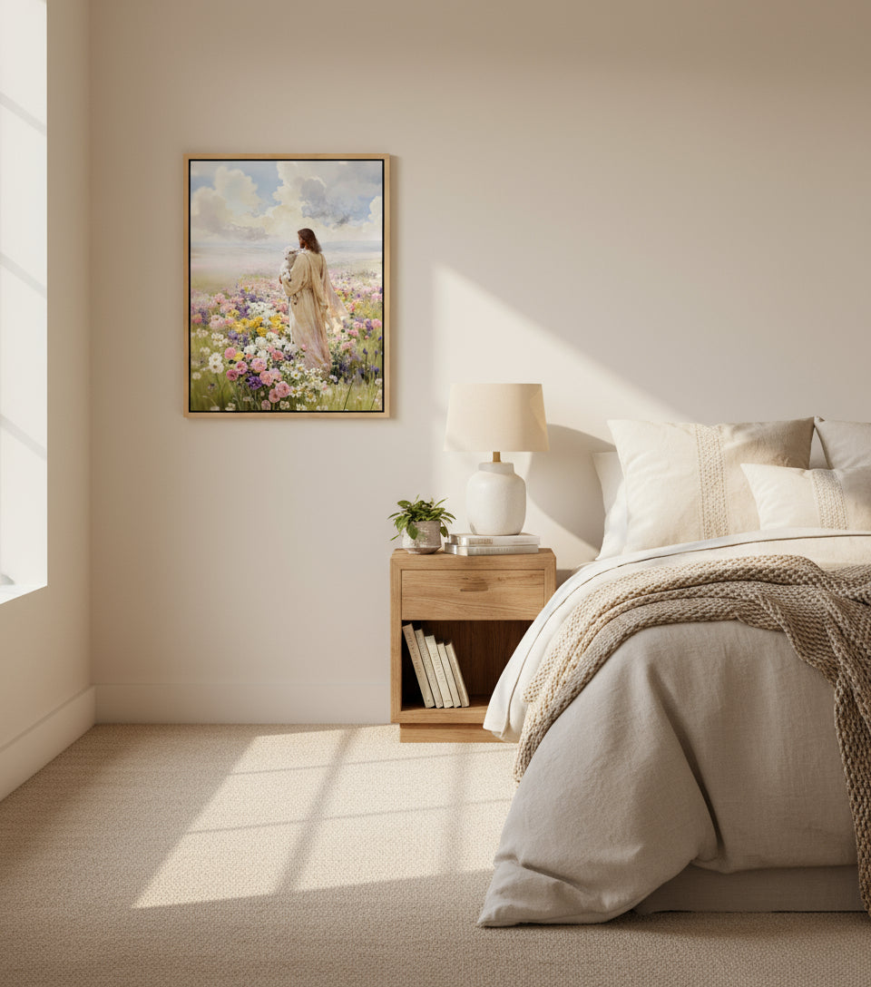 Jesus holding the lamb sand at sea of blooming flowers | Jesus Canvas
