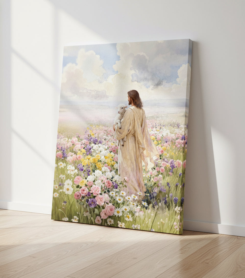 Jesus holding the lamb sand at sea of blooming flowers | Jesus Canvas