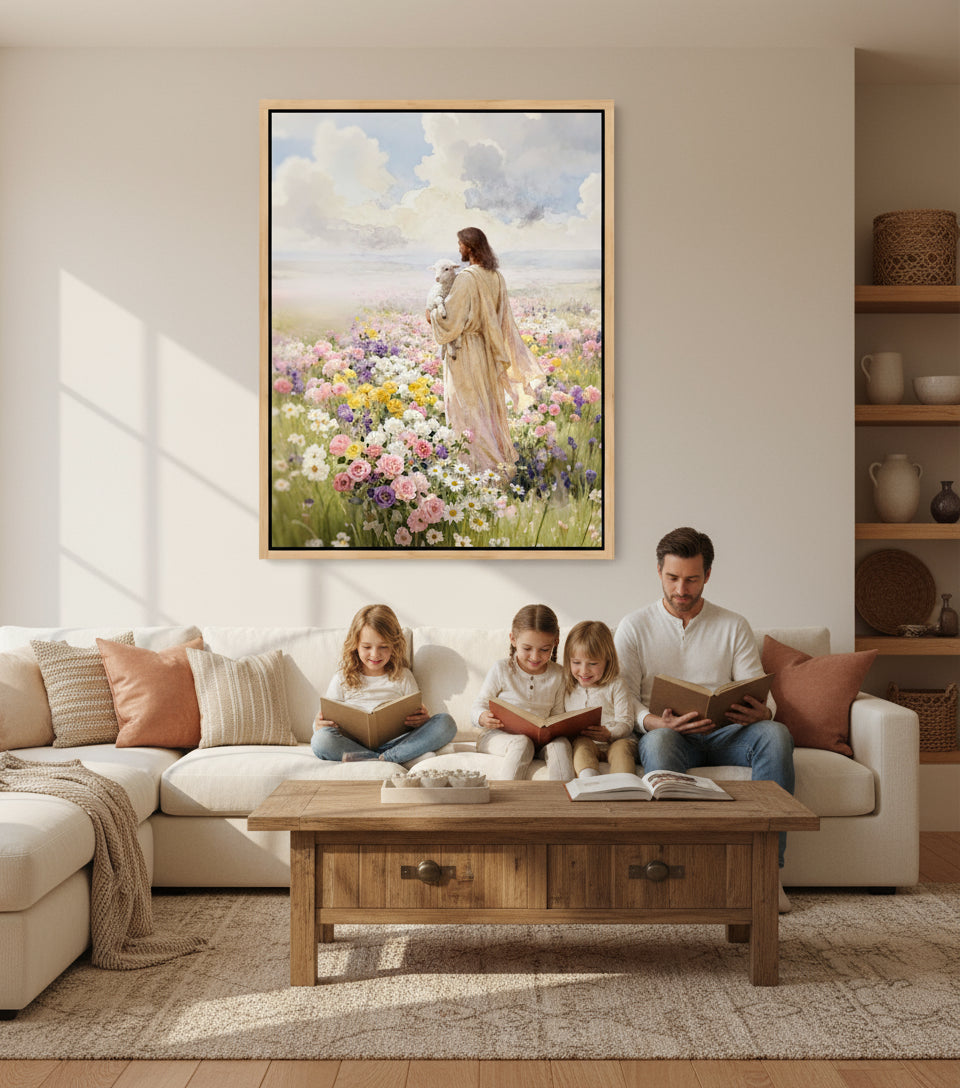 Jesus holding the lamb sand at sea of blooming flowers | Jesus Canvas