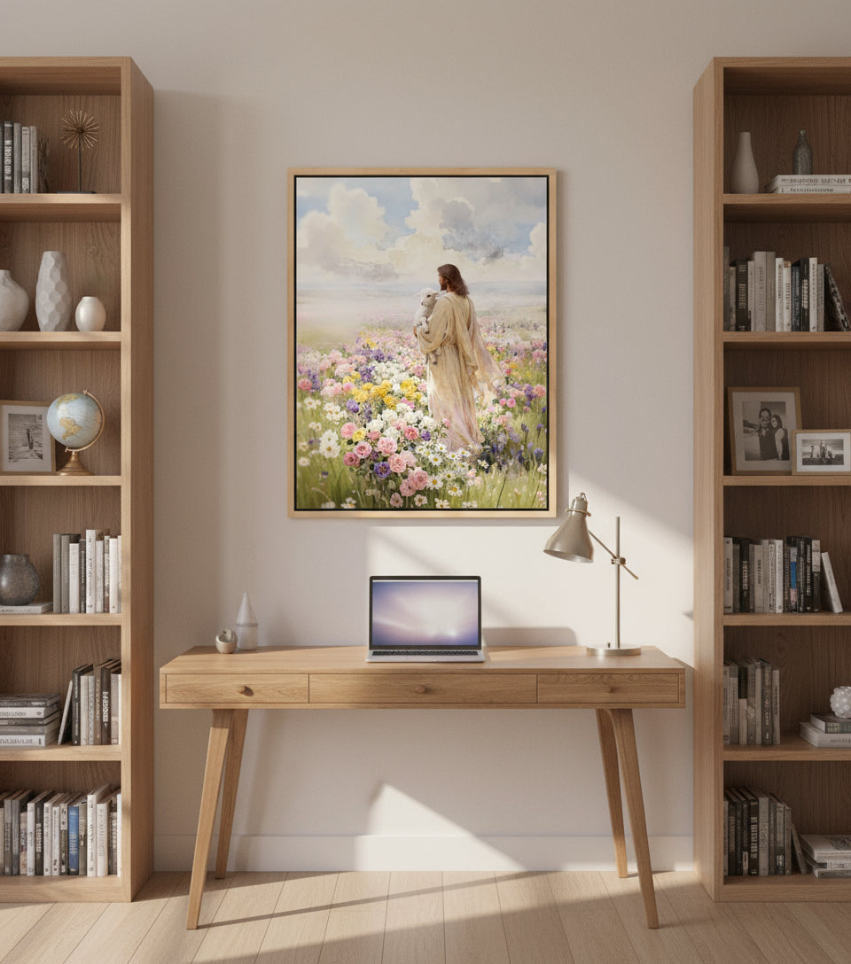 Jesus holding the lamb sand at sea of blooming flowers | Jesus Canvas