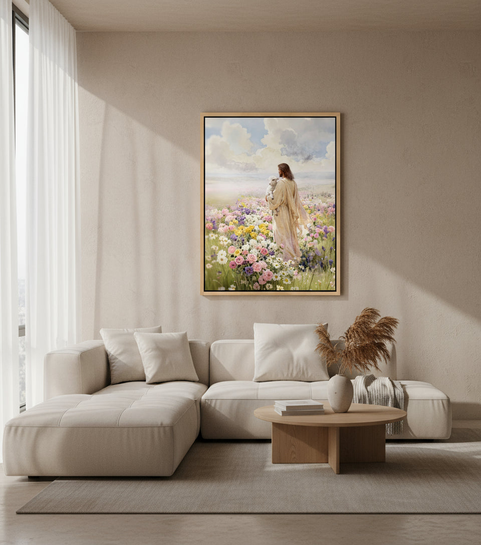 Jesus holding the lamb sand at sea of blooming flowers | Jesus Canvas