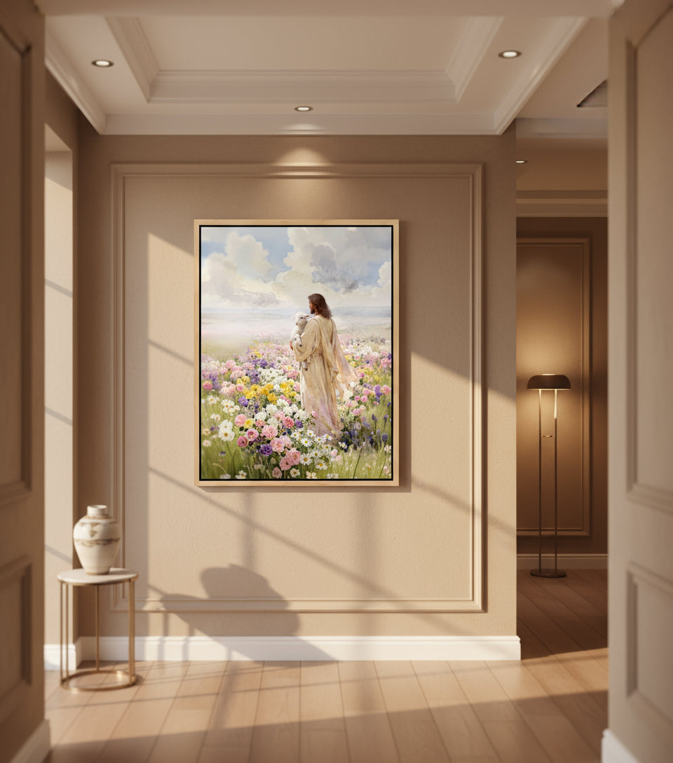 Jesus holding the lamb sand at sea of blooming flowers | Jesus Canvas