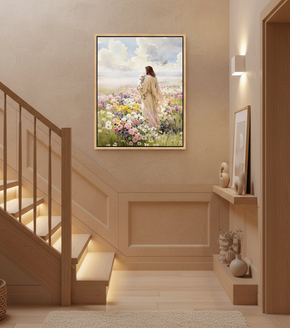Jesus holding the lamb sand at sea of blooming flowers | Jesus Canvas
