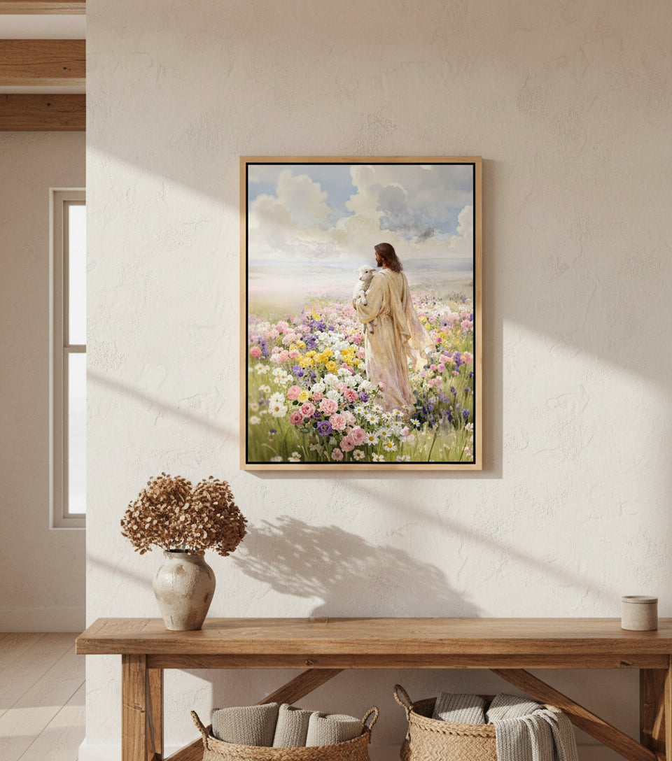 Jesus holding the lamb sand at sea of blooming flowers | Jesus Canvas
