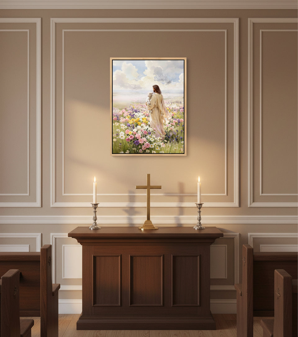 Jesus holding the lamb sand at sea of blooming flowers | Jesus Canvas