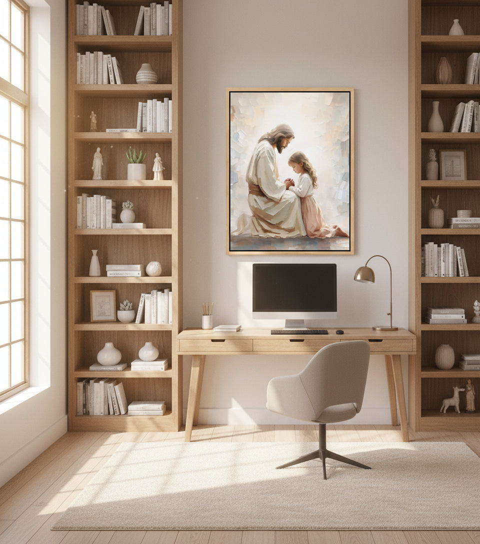 Little Girl Praying Before Jesus – Realistic Faith Art | FaithfulPrints