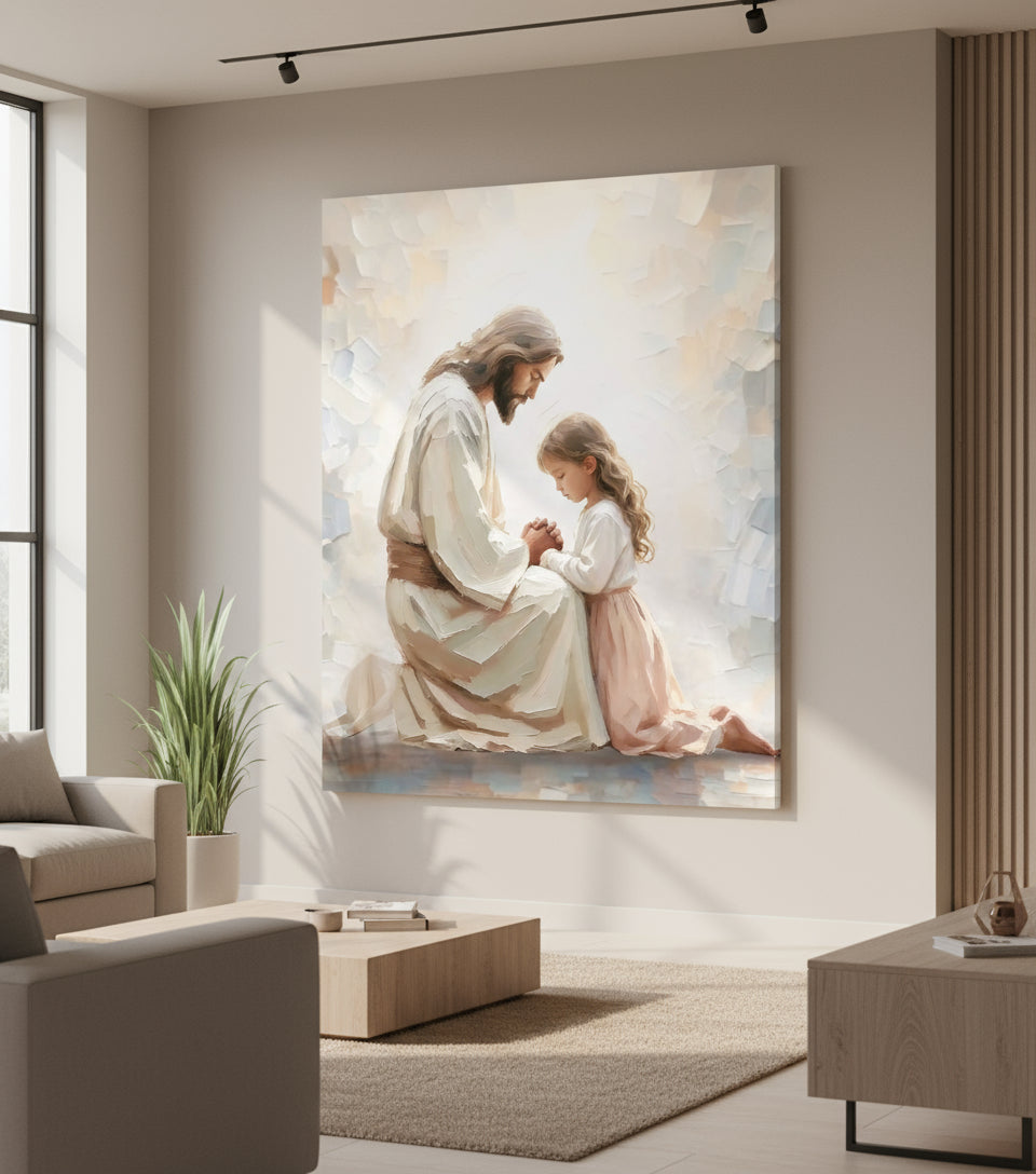 Little Girl Praying Before Jesus – Realistic Faith Art | FaithfulPrints