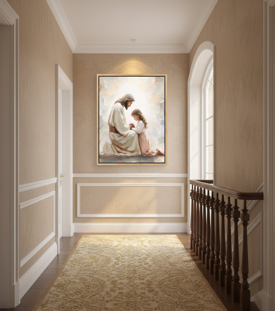 Little Girl Praying Before Jesus – Realistic Faith Art | FaithfulPrints