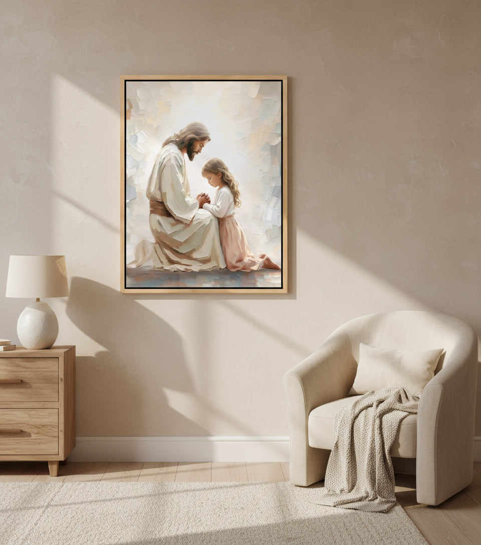 Little Girl Praying Before Jesus – Realistic Faith Art | FaithfulPrints