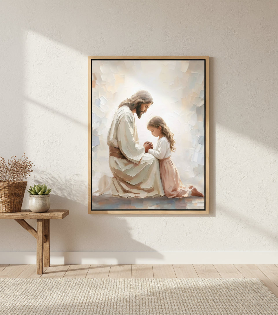 Little Girl Praying Before Jesus – Realistic Faith Art | FaithfulPrints