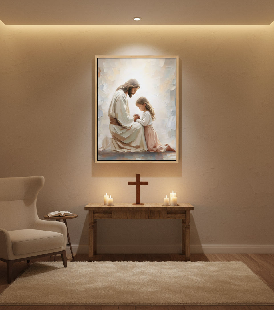 Little Girl Praying Before Jesus – Realistic Faith Art | FaithfulPrints
