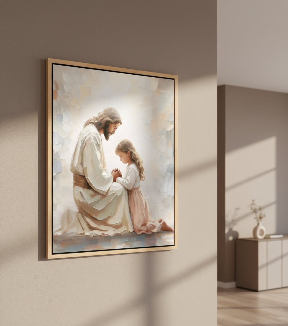 Little Girl Praying Before Jesus – Realistic Faith Art | FaithfulPrints