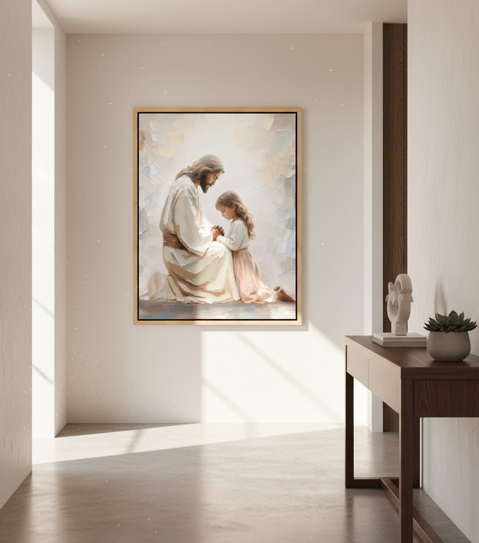 Little Girl Praying Before Jesus – Realistic Faith Art | FaithfulPrints