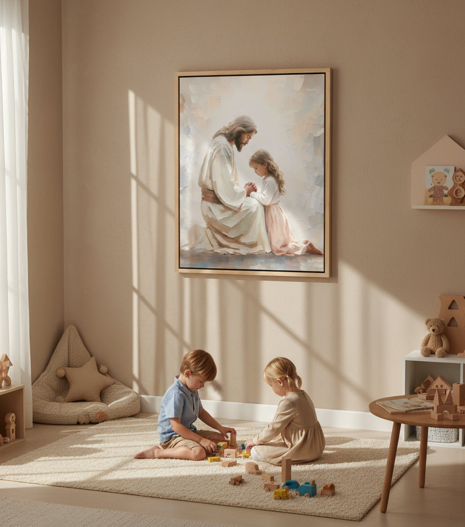 Little Girl Praying Before Jesus – Realistic Faith Art | FaithfulPrints
