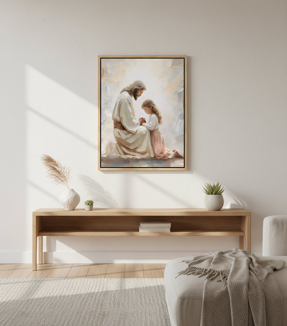 Little Girl Praying Before Jesus – Realistic Faith Art | FaithfulPrints