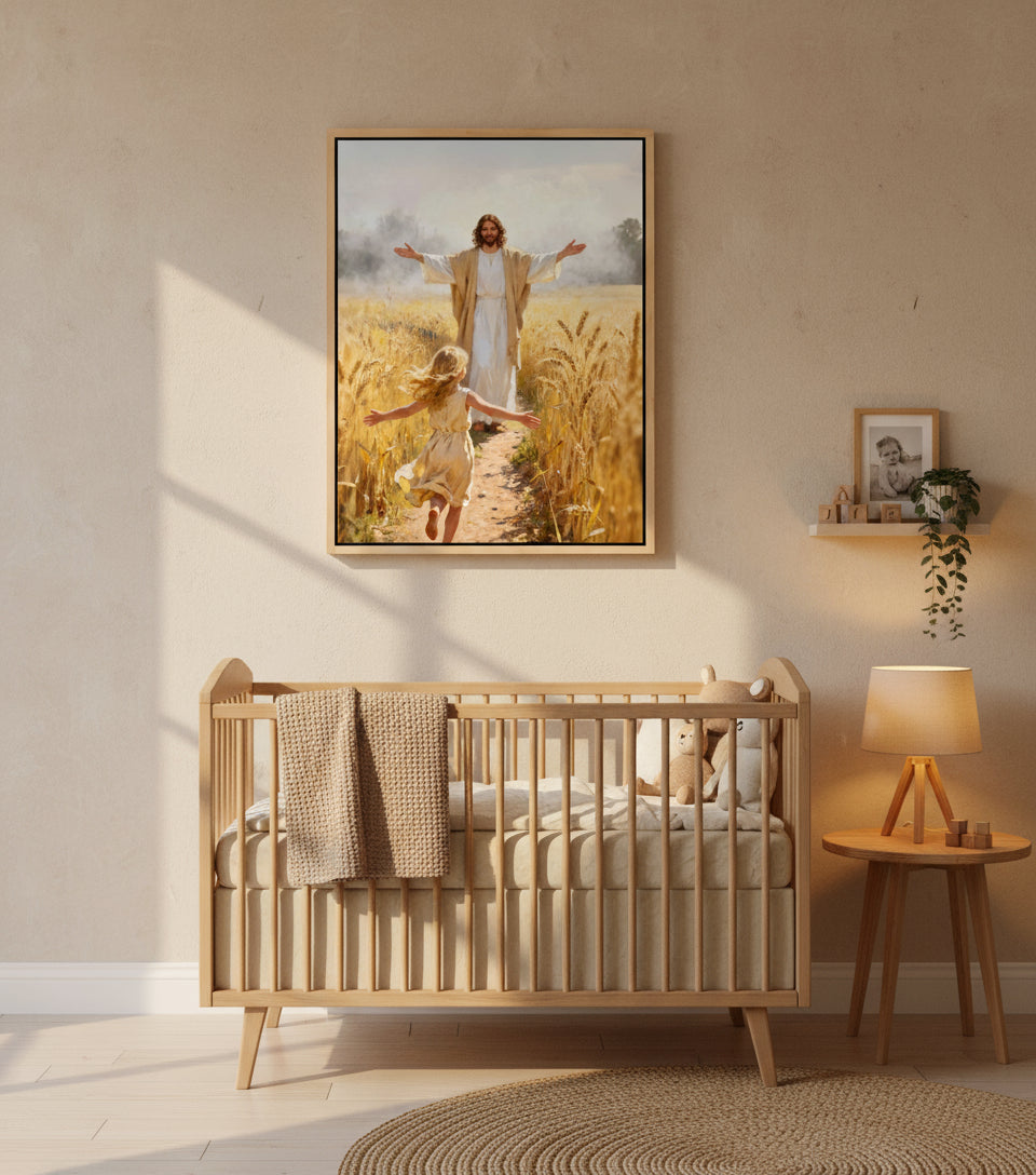 Jesus embraces the little girl in the wheat field | Jesus Canvas