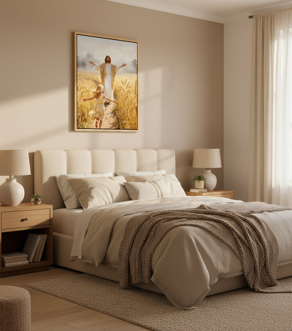 Jesus embraces the little girl in the wheat field | Jesus Canvas