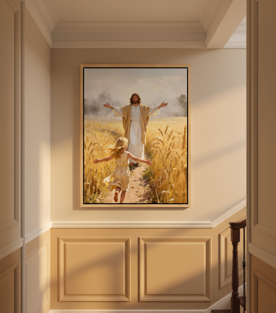 Jesus embraces the little girl in the wheat field | Jesus Canvas