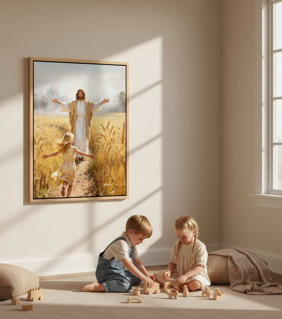 Jesus embraces the little girl in the wheat field | Jesus Canvas