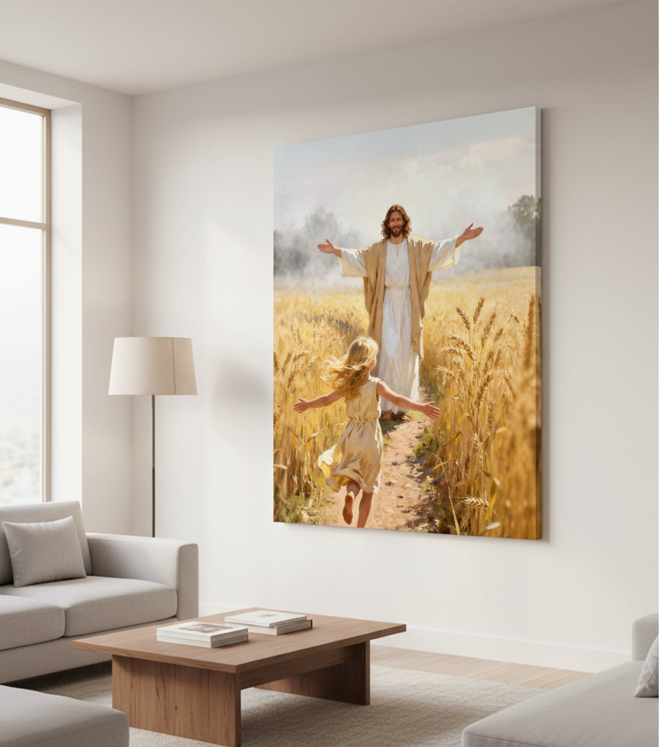 Jesus embraces the little girl in the wheat field | Jesus Canvas