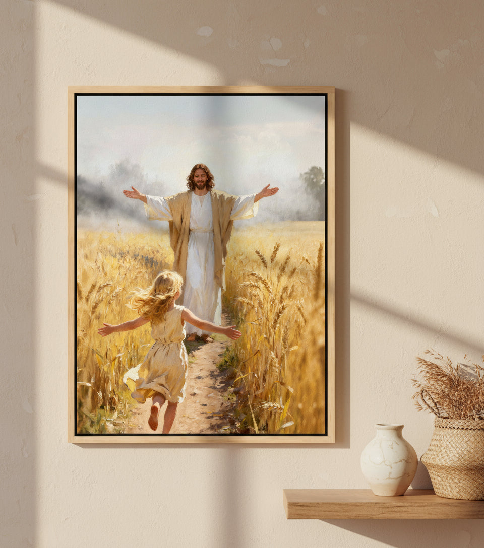 Jesus embraces the little girl in the wheat field | Jesus Canvas
