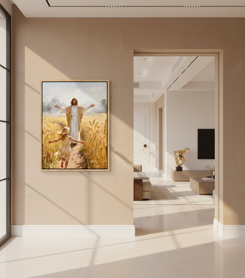 Jesus embraces the little girl in the wheat field | Jesus Canvas